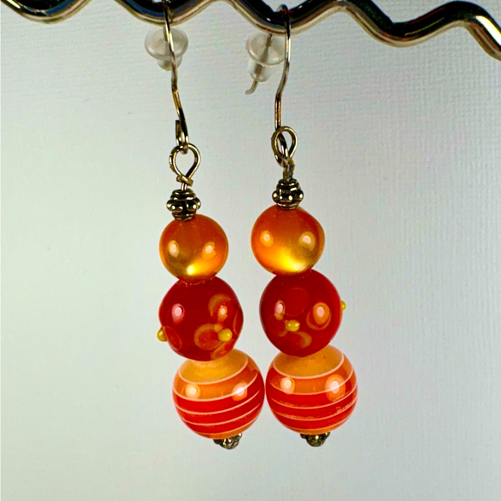 Earrings Pierced Handcrafted Halloween Autumn Orange Striped Flowers Glowing Wow